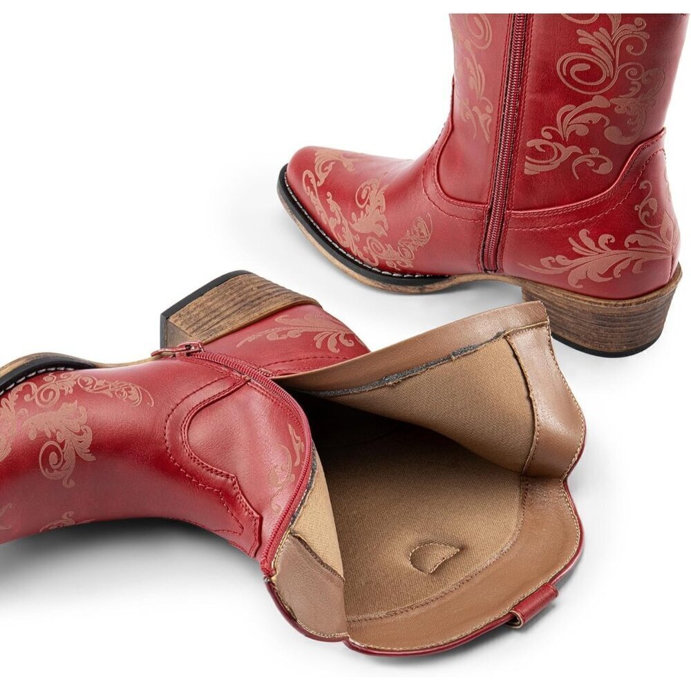 🆕 Red Faux Leather Women's Cowboy Cowgirl Western Ankle Boots Chunky Low Heel - Picture 7 of 7